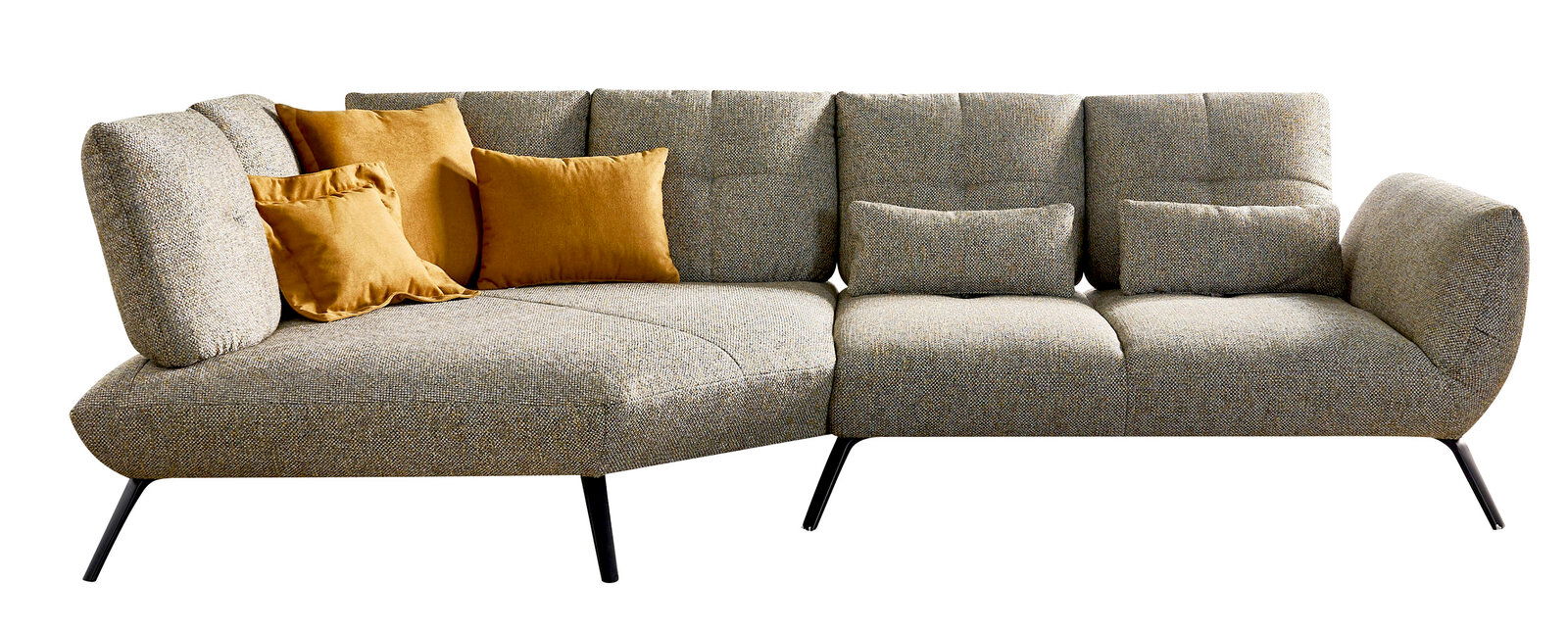 StepOne Ecksofa NEWPORT Moderne Rundecke mit grauem Stoffbezug und gelben Kissen, seitliche Perspektive