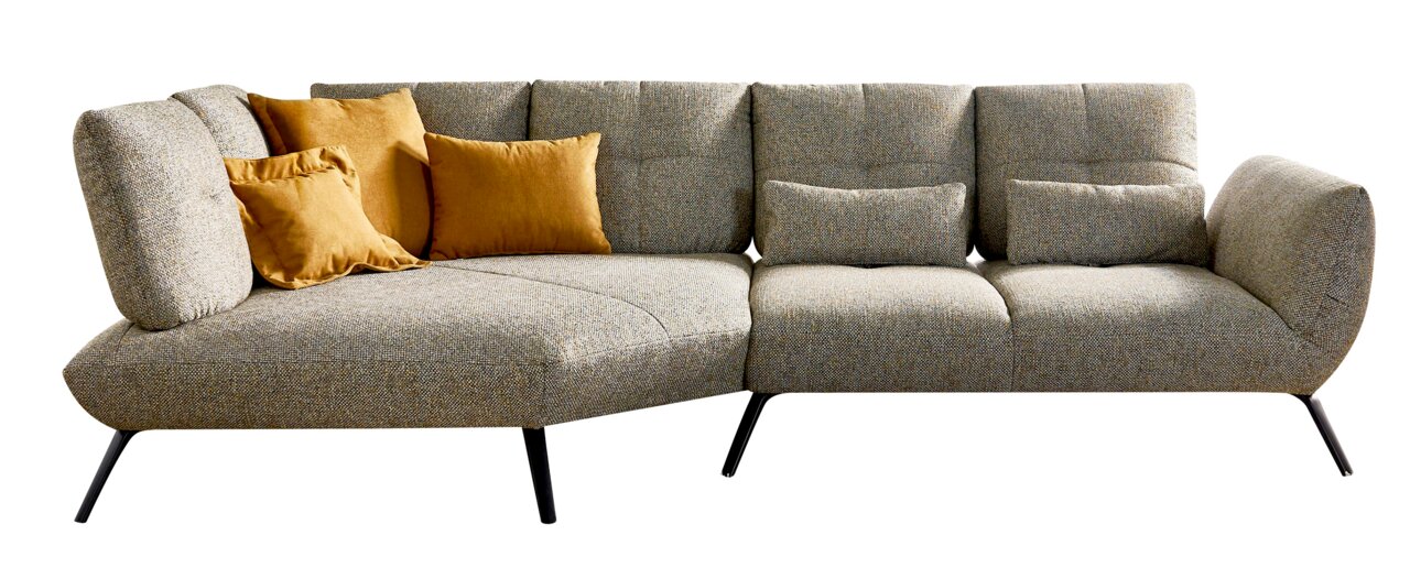 StepOne Ecksofa NEWPORT Moderne Rundecke mit grauem Stoffbezug und gelben Kissen, seitliche Perspektive