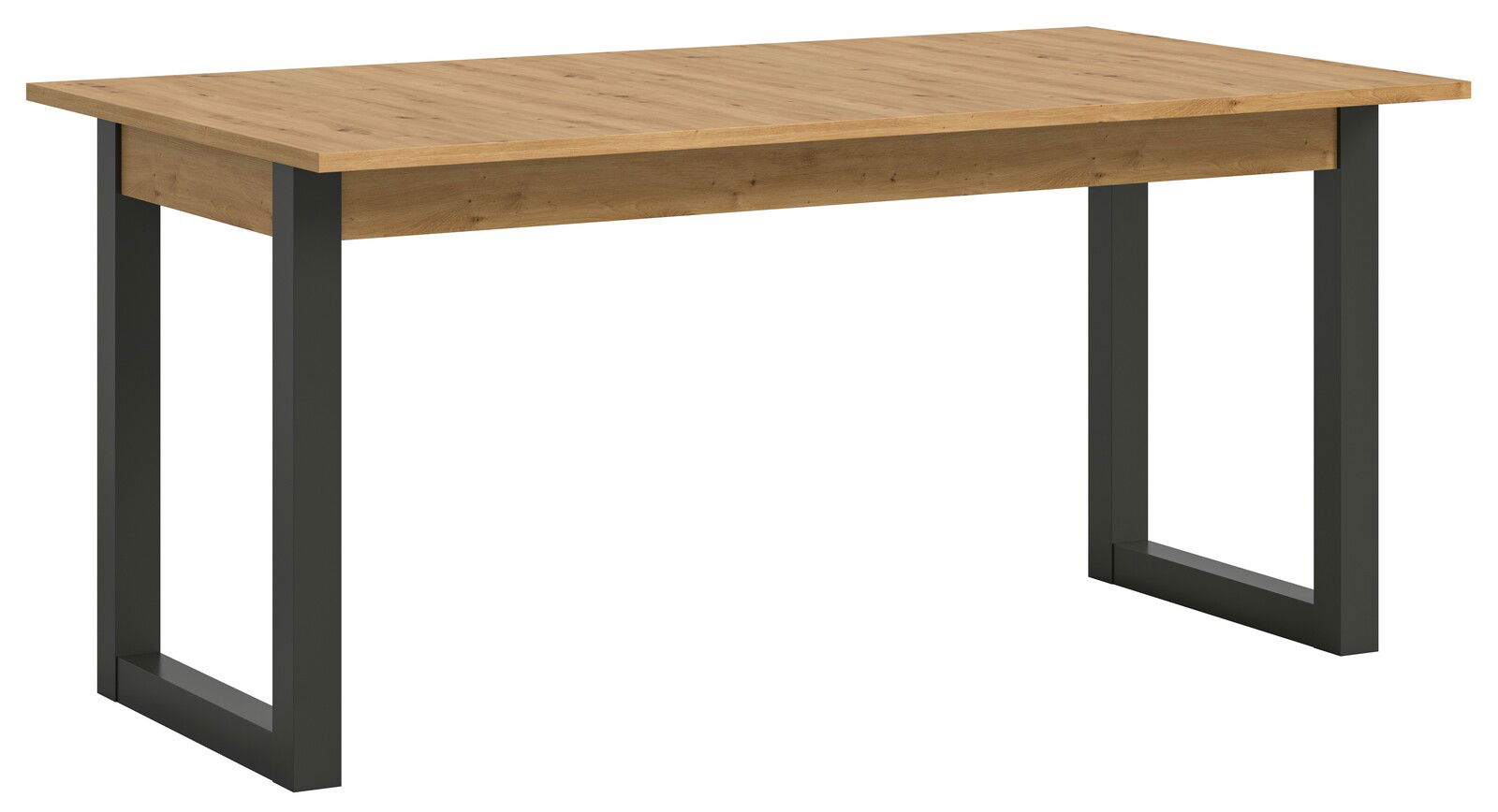 Moderner Esstisch mit Holzplatte und schwarzen Metallbeinen, seitliche Perspektive