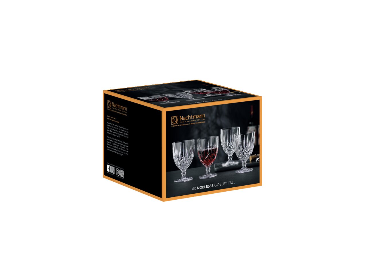 Verpackung mit vier großen Kelchgläsern der Serie Noblesse von Nachtmann, seitliche Perspektive