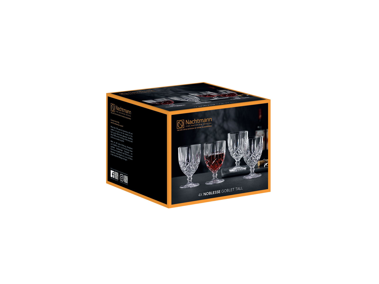 Verpackung mit vier großen Kelchgläsern der Serie Noblesse von Nachtmann, seitliche Perspektive