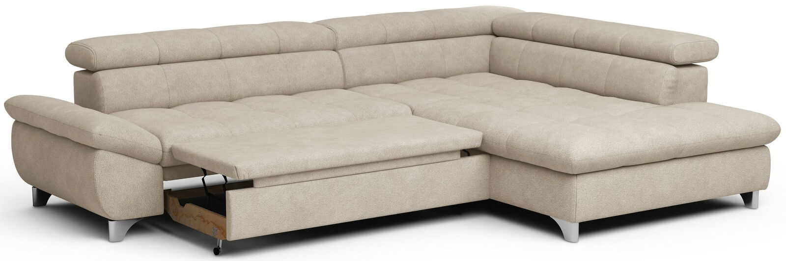 Beige Ecksofa mit verstellbaren Kopfstützen und ausziehbarem Bettkasten, Perspektive von vorne links