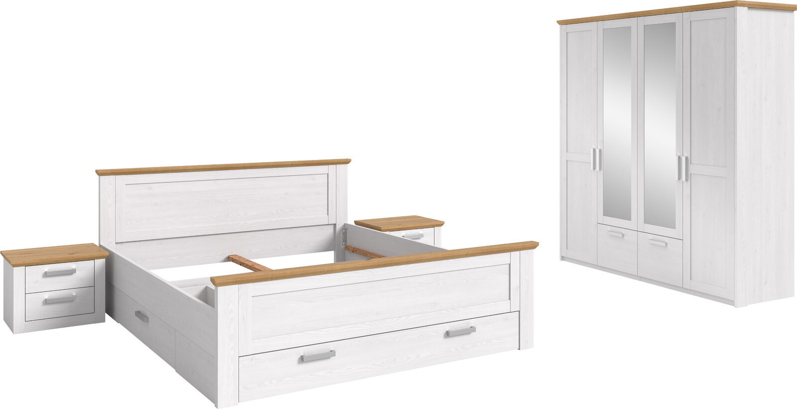 MID.YOU Bettanlage mit Kleiderschrank VERONA Schlafzimmermöbel-Set in Weiß mit Holzoptik-Akzenten: Doppelbett mit Schublade, zwei Nachttische und Kleiderschrank mit Spiegeltüren, freigestellt auf weißem Hintergrund, Perspektive: leicht schräg von vorn (3/4-Ansicht)