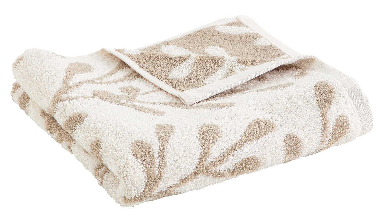 Depotex Handtuch LEAF Beiges Handtuch mit Blattmuster, gefaltet und von oben fotografiert.