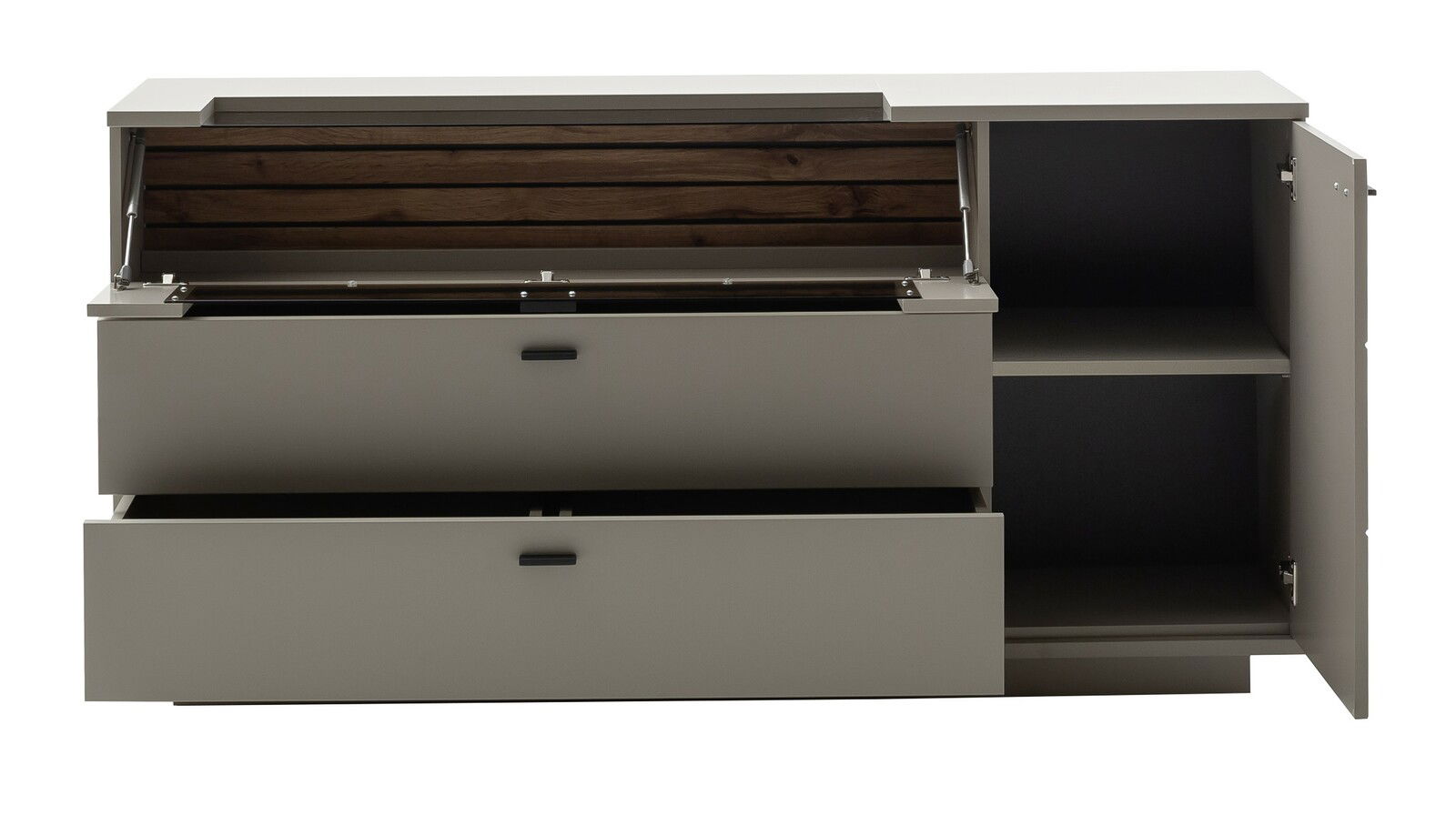 Frontale Ansicht eines modernen Sideboards mit zwei Schubladen und einem offenen Fach mit Tür, in neutralen Farben gehalten.