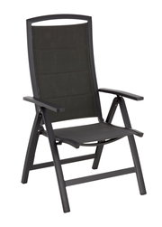 Moderner Klappsessel in dunklem Design, seitliche Perspektive