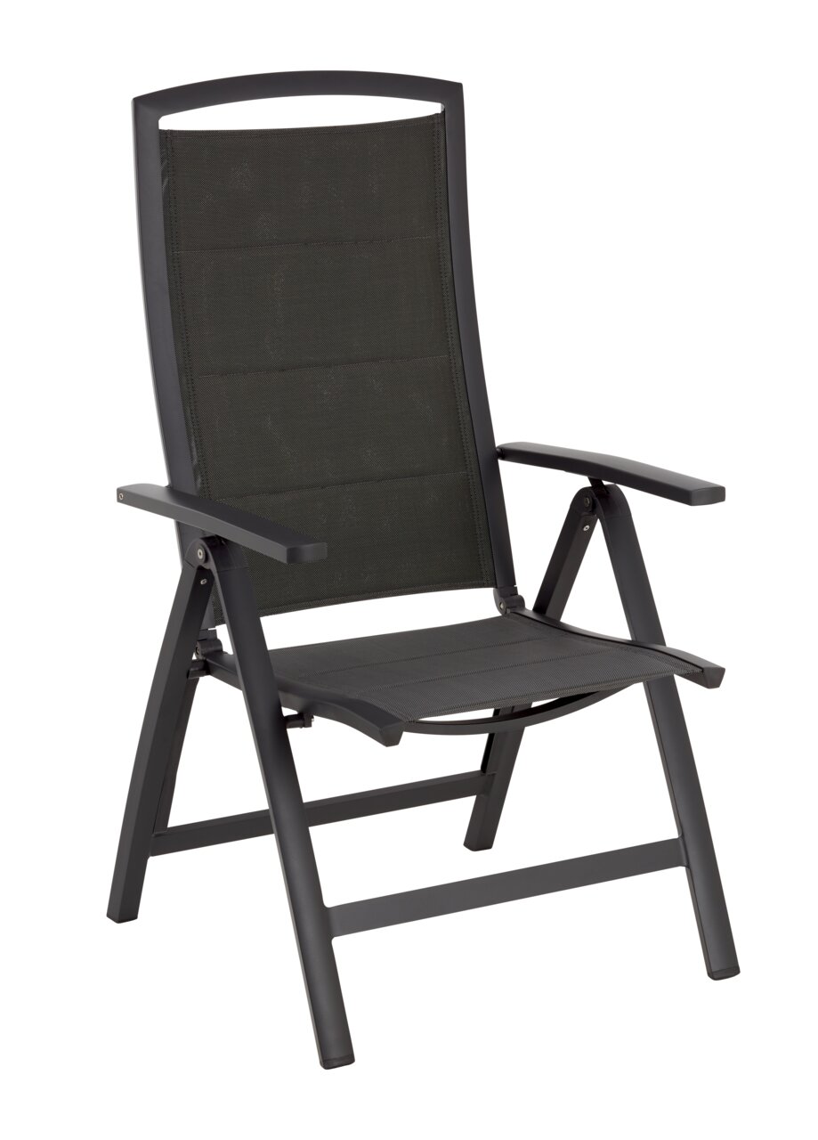 Moderner Klappsessel in dunklem Design, seitliche Perspektive