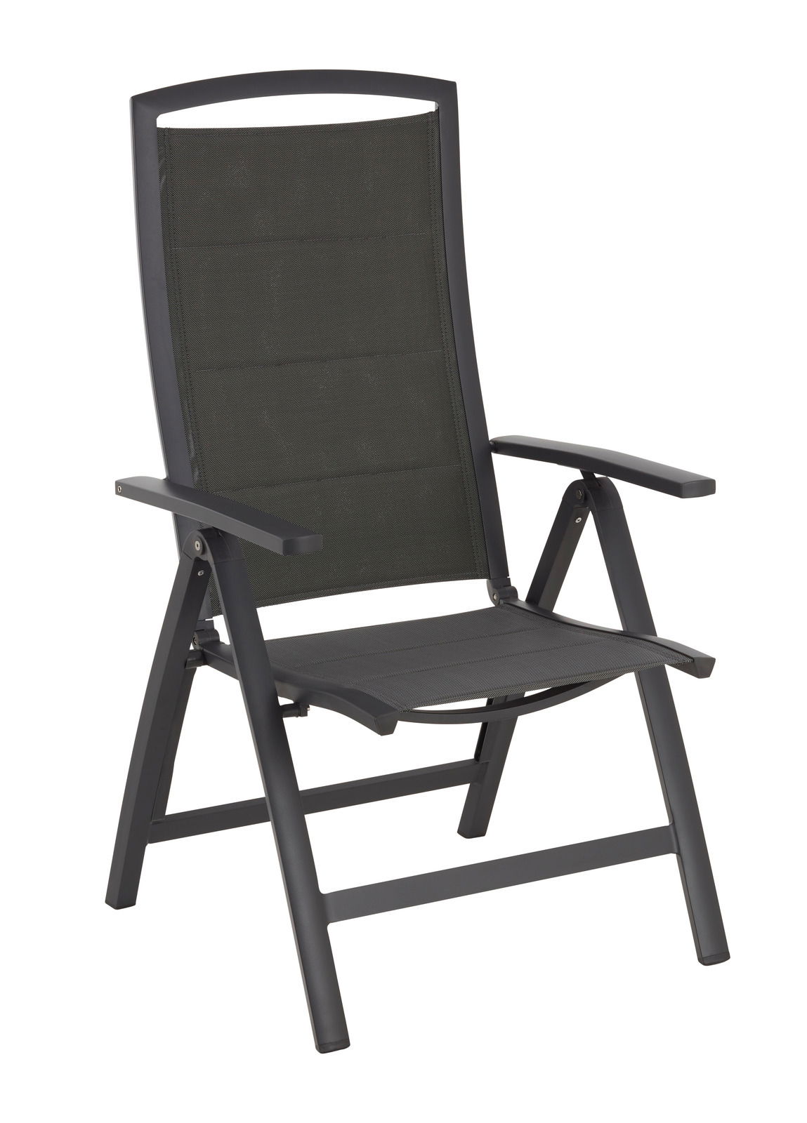 Moderner Klappsessel in dunklem Design, seitliche Perspektive
