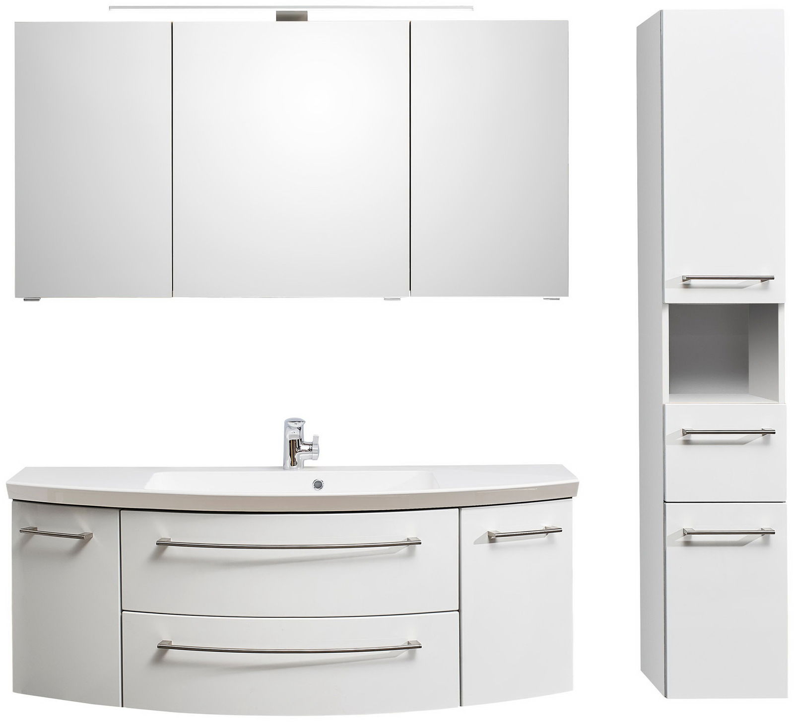 Hochschrank in weißer Farbe mit zwei Schubladen und einem offenen Fach, frontal abgebildet.