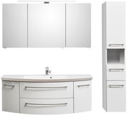 Hochschrank in weißer Farbe mit zwei Schubladen und einem offenen Fach, frontal abgebildet.