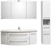 Hochschrank in weißer Farbe mit zwei Schubladen und einem offenen Fach, frontal abgebildet.