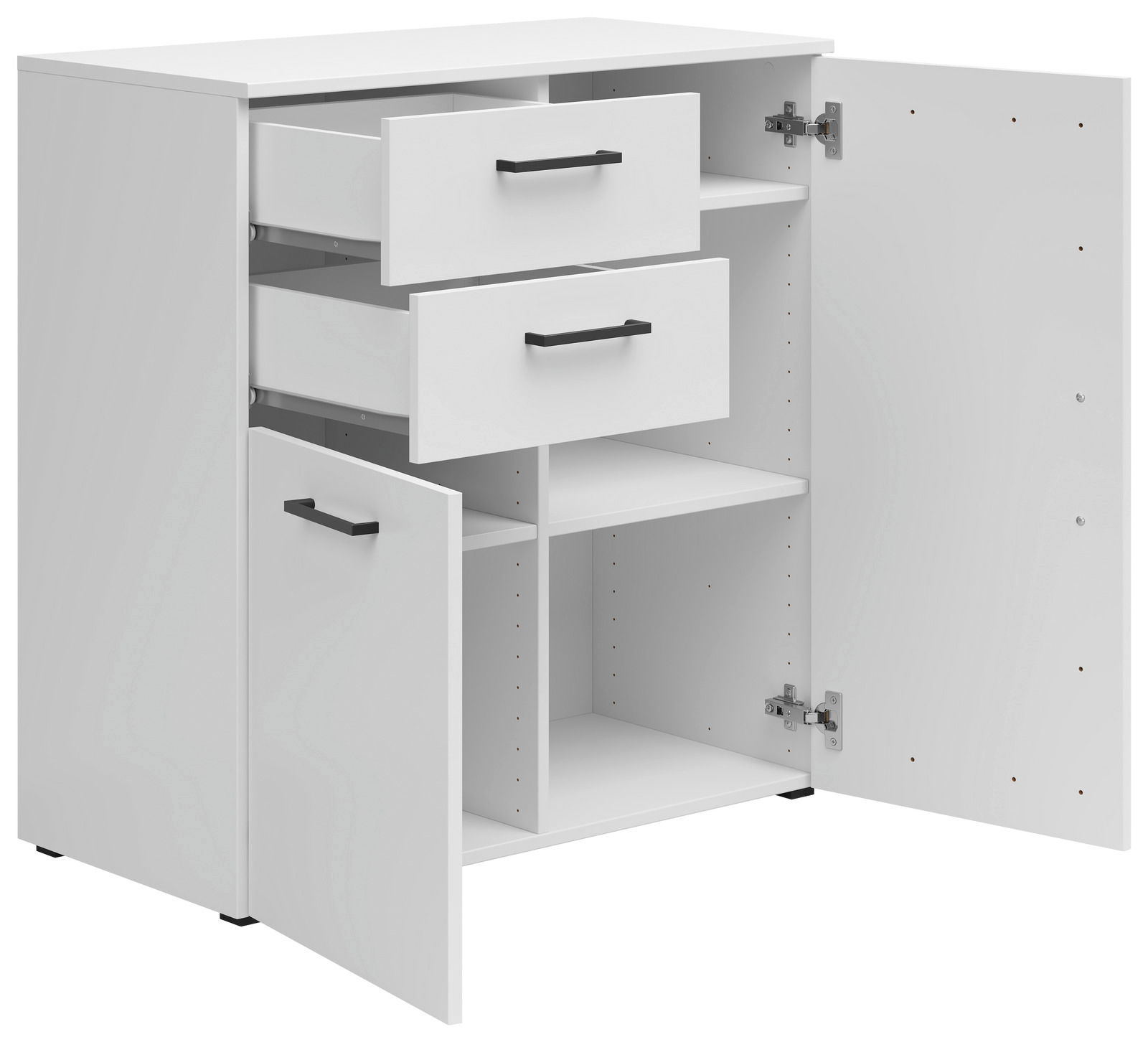 Weiße Kommode mit zwei offenen Schubladen und zwei offenen Türen, die den Innenraum mit Regalböden zeigen, Perspektive von vorne links