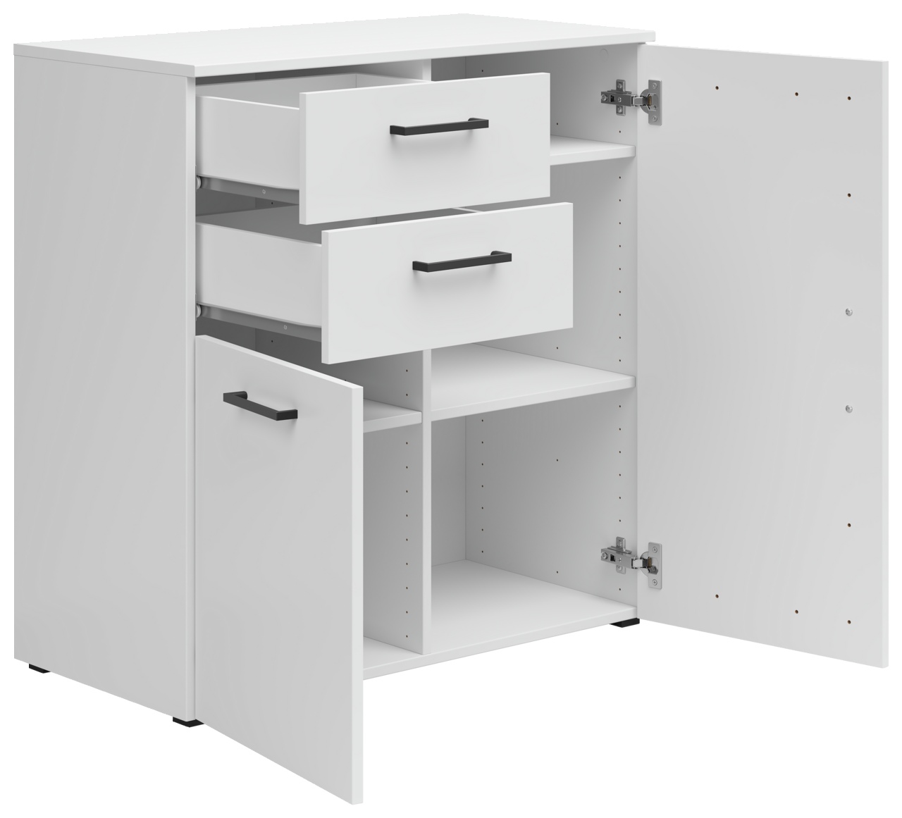 Weiße Kommode mit zwei offenen Schubladen und zwei offenen Türen, die den Innenraum mit Regalböden zeigen, Perspektive von vorne links