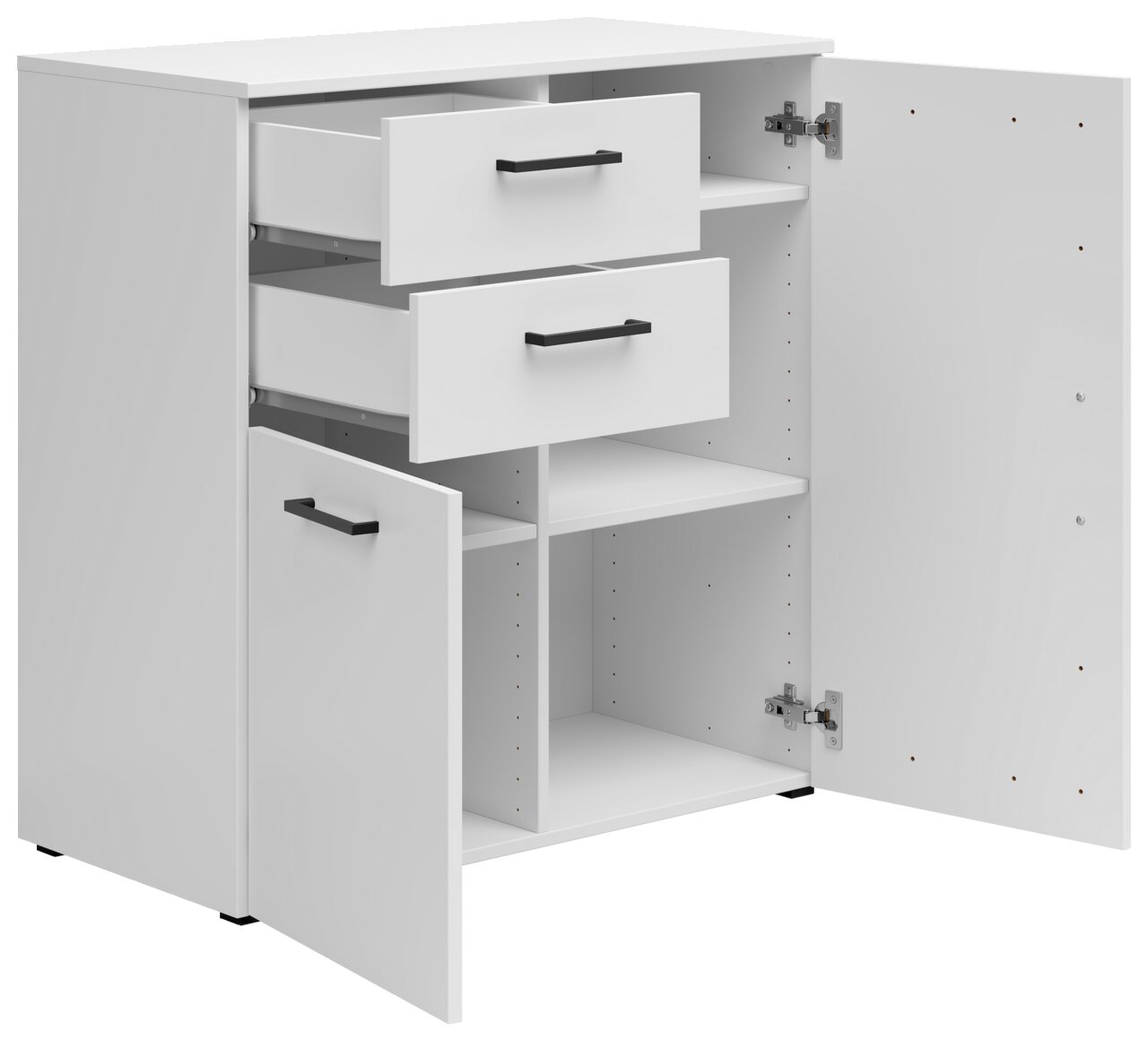 Weiße Kommode mit zwei offenen Schubladen und zwei offenen Türen, die den Innenraum mit Regalböden zeigen, Perspektive von vorne links