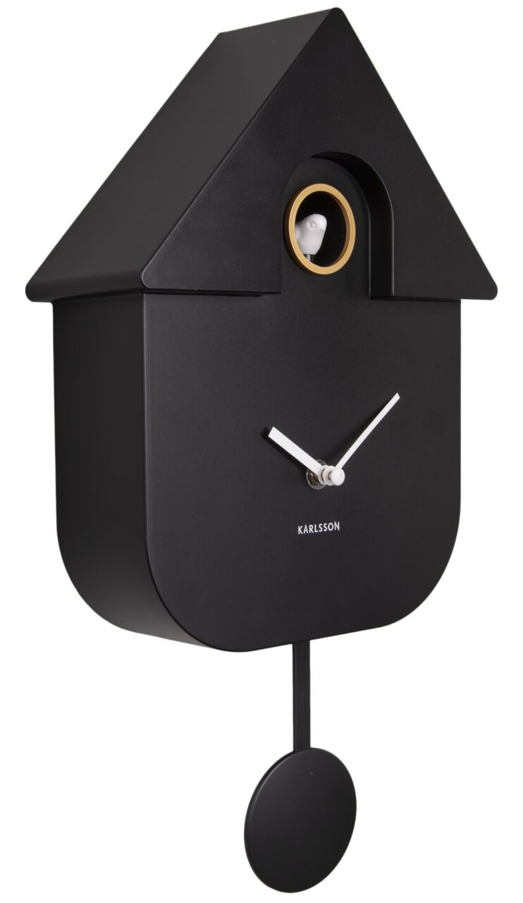 Schwarze Wanduhr in Form eines modernen Kuckucksuhren-Designs mit weißem Zifferblatt und Pendel, seitliche Perspektive