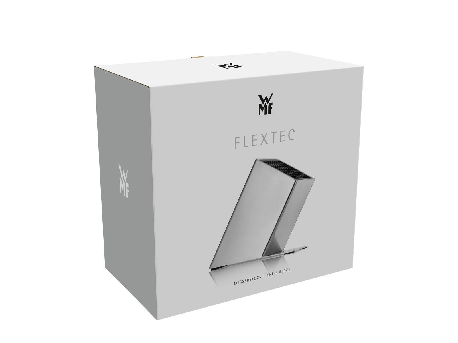 Silberner Messerblock von WMF in schräger Perspektive auf der Verpackung abgebildet.