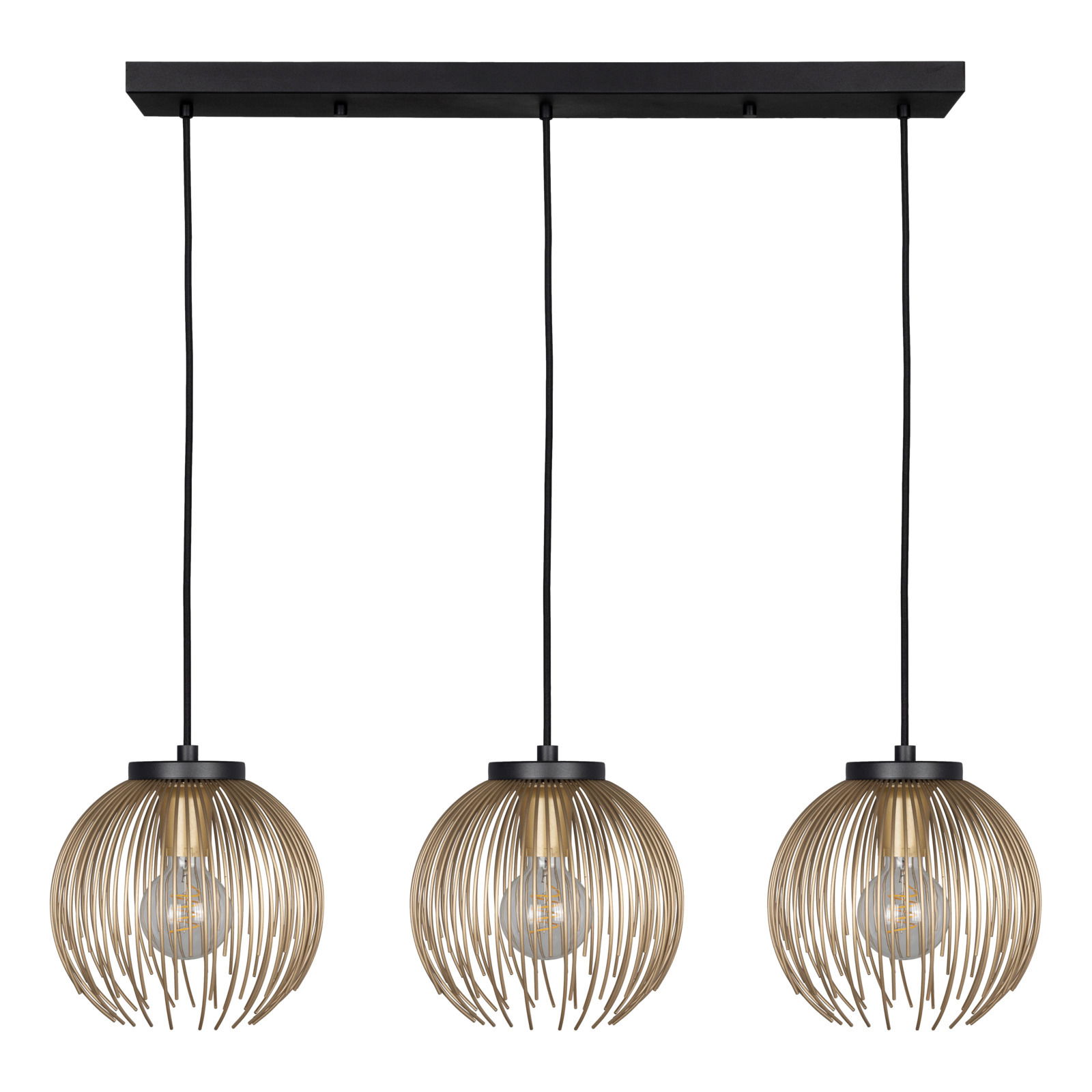Dreifache Pendelleuchte Venezuela mit goldenen, kugelförmigen Schirmen aus Metallstreben, von vorne betrachtet.