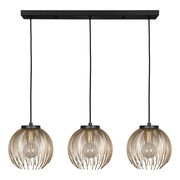 Dreifache Pendelleuchte Venezuela mit goldenen, kugelförmigen Schirmen aus Metallstreben, von vorne betrachtet.