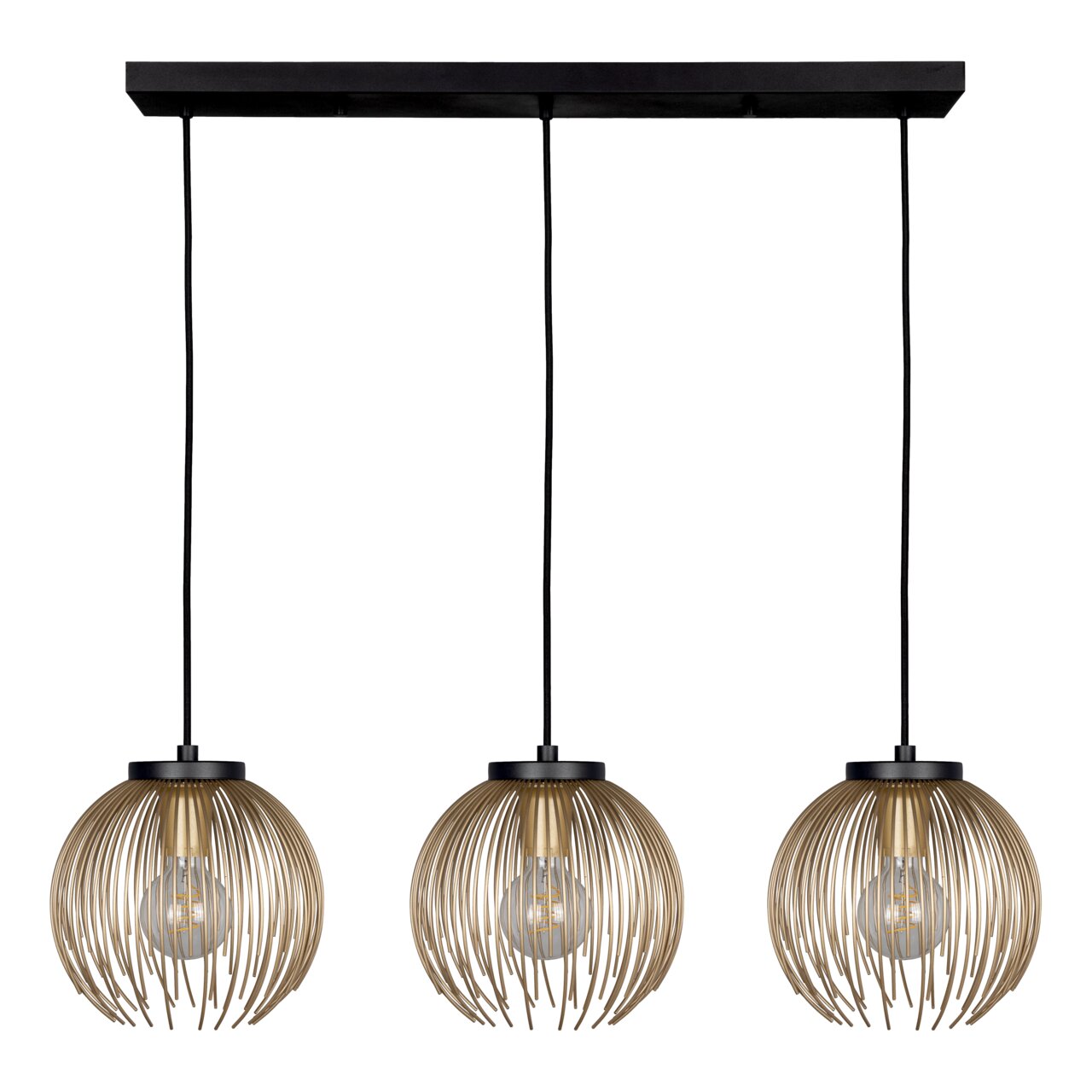 Dreifache Pendelleuchte Venezuela mit goldenen, kugelförmigen Schirmen aus Metallstreben, von vorne betrachtet.