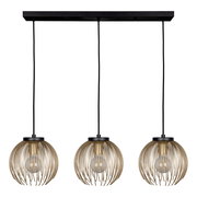 Dreifache Pendelleuchte Venezuela mit goldenen, kugelförmigen Schirmen aus Metallstreben, von vorne betrachtet.