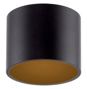 Zylindrische LED-Deckenleuchte in Schwarz mit goldener Innenseite, seitliche Perspektive