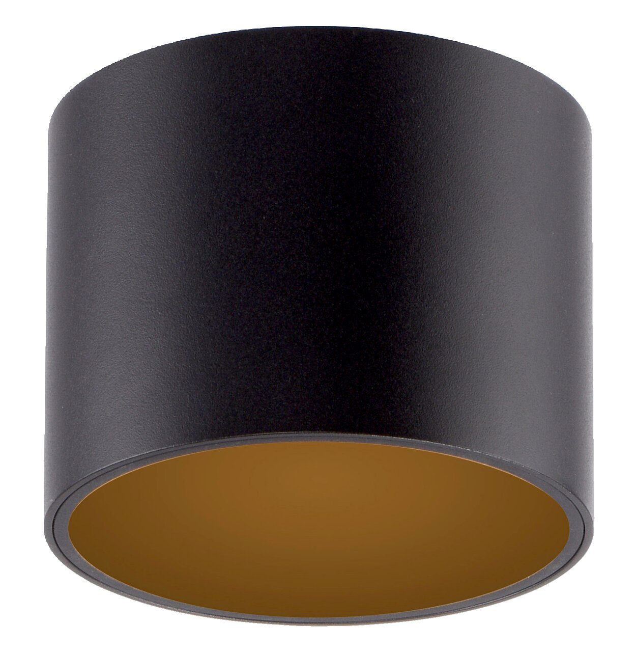 Zylindrische LED-Deckenleuchte in Schwarz mit goldener Innenseite, seitliche Perspektive