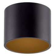 Zylindrische LED-Deckenleuchte in Schwarz mit goldener Innenseite, seitliche Perspektive