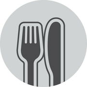 Grafische Darstellung von Kinderbesteck mit Gabel und Messer, Vorderansicht.