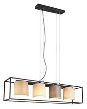 Moderne Hängeleuchte mit vier zylindrischen Lampenschirmen in verschiedenen Farbtönen, aufgehängt an einem rechteckigen Metallrahmen. Seitliche Perspektive.