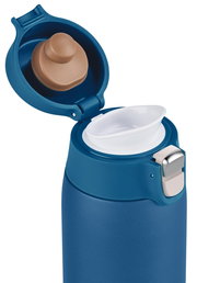 Blaue Thermoskanne mit geöffnetem Deckel, seitliche Perspektive