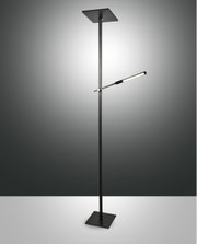 Schwarze Stehleuchte mit modernem Design, seitlicher Arm und rechteckigem Lampenschirm, seitliche Perspektive