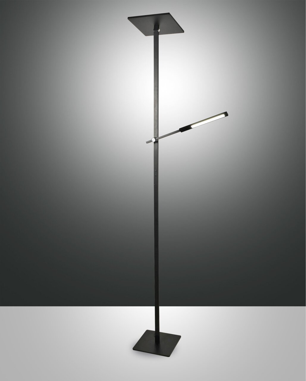 Schwarze Stehleuchte mit modernem Design, seitlicher Arm und rechteckigem Lampenschirm, seitliche Perspektive
