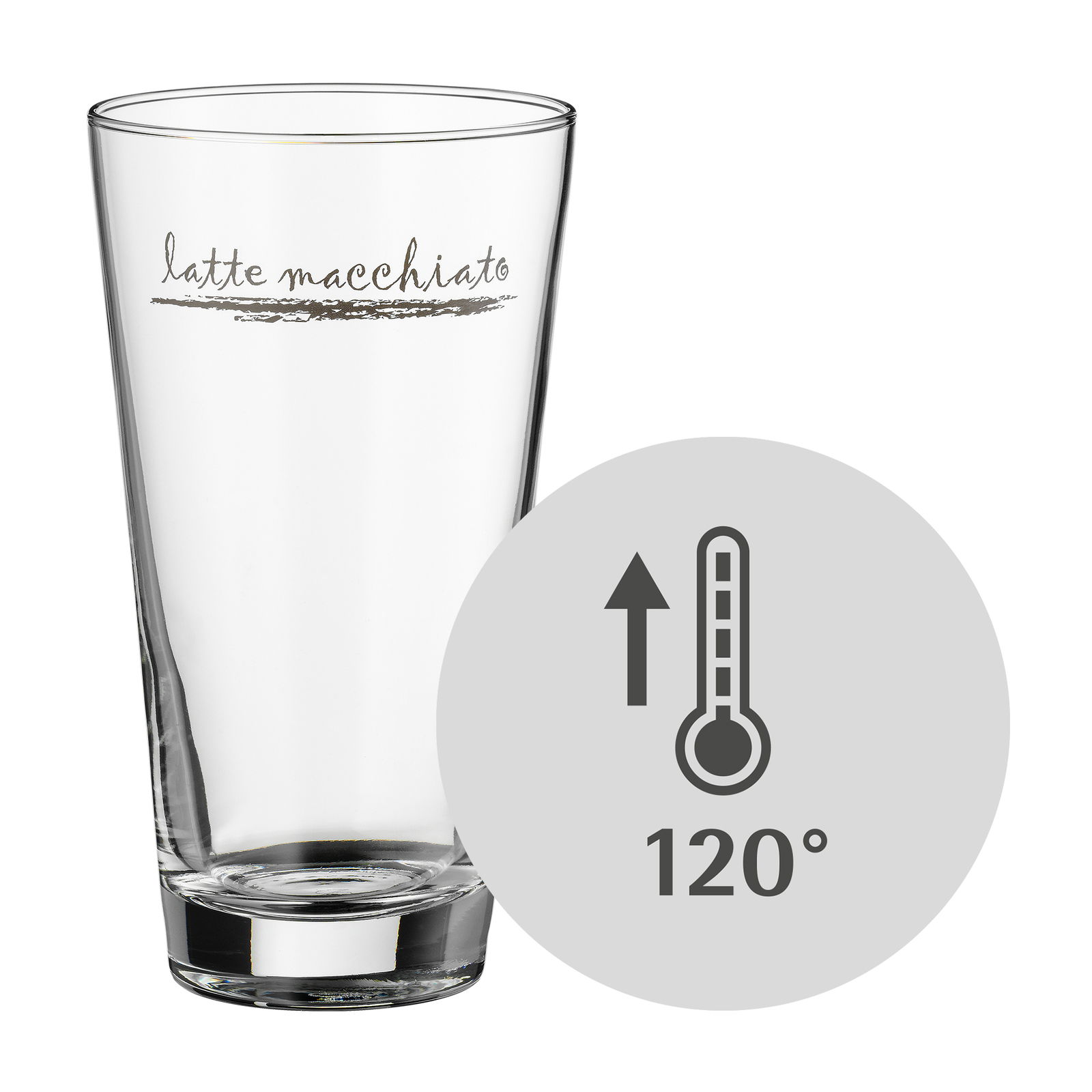 Latte Macchiato-Glas aus einem 12-teiligen Set, hitzebeständig bis 120 Grad, seitliche Ansicht