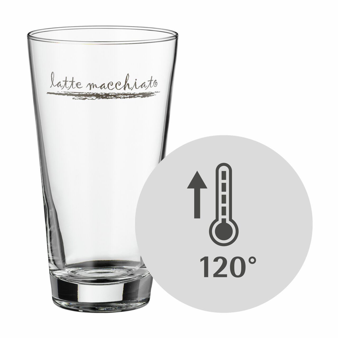 Latte Macchiato-Glas aus einem 12-teiligen Set, hitzebeständig bis 120 Grad, seitliche Ansicht