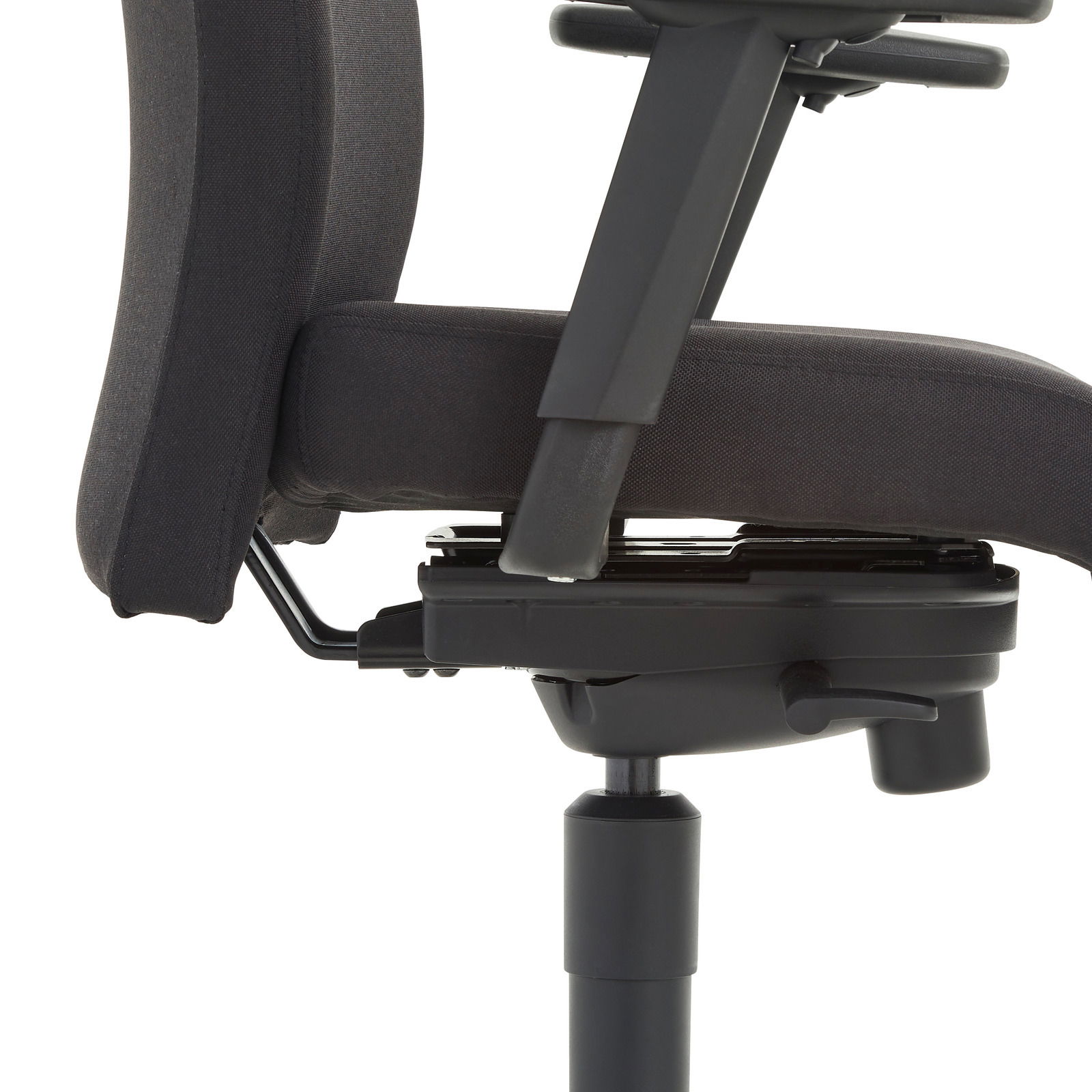 Seitenansicht eines Chefsessels mit verstellbarer Armlehne und Sitzmechanik