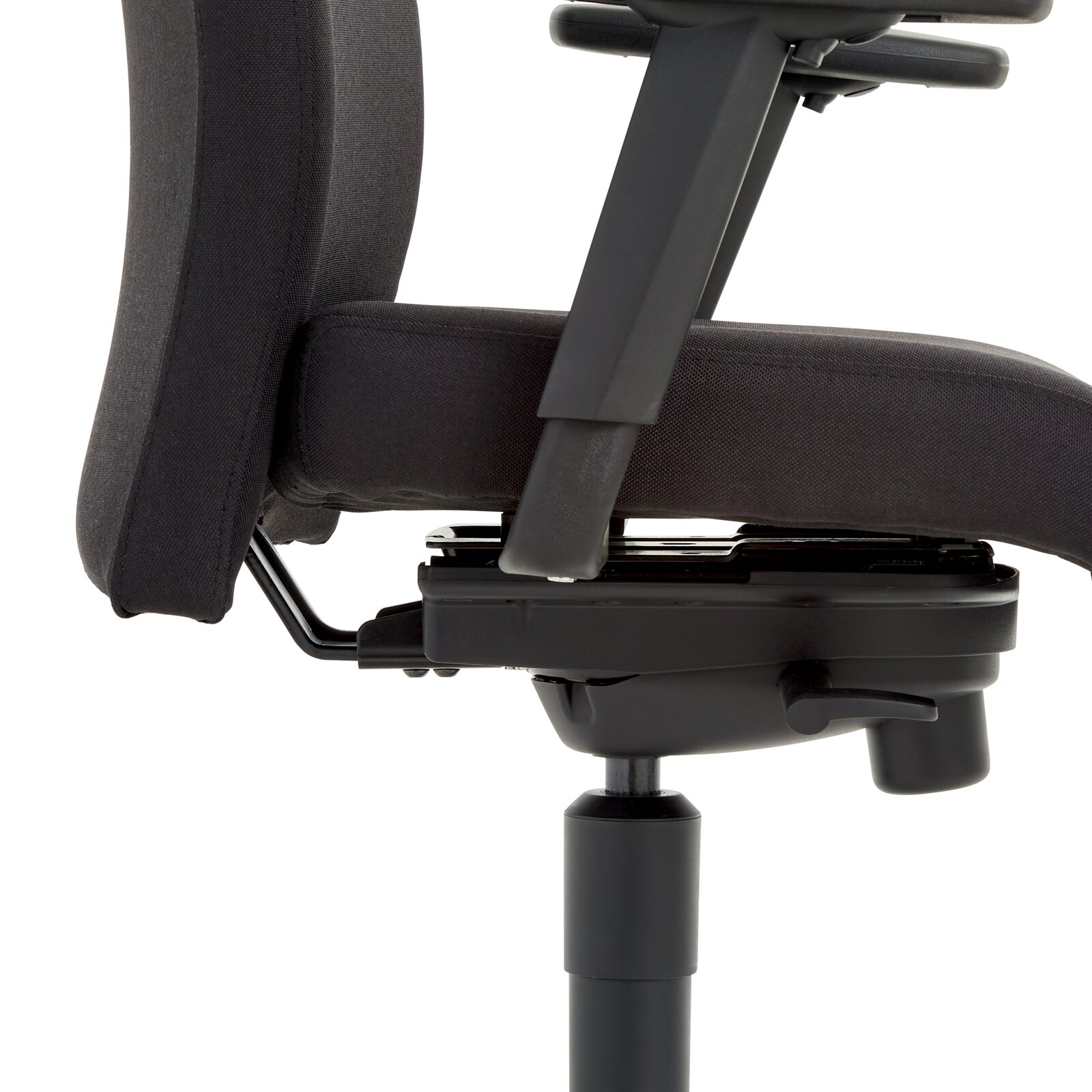 Seitenansicht eines Chefsessels mit verstellbarer Armlehne und Sitzmechanik