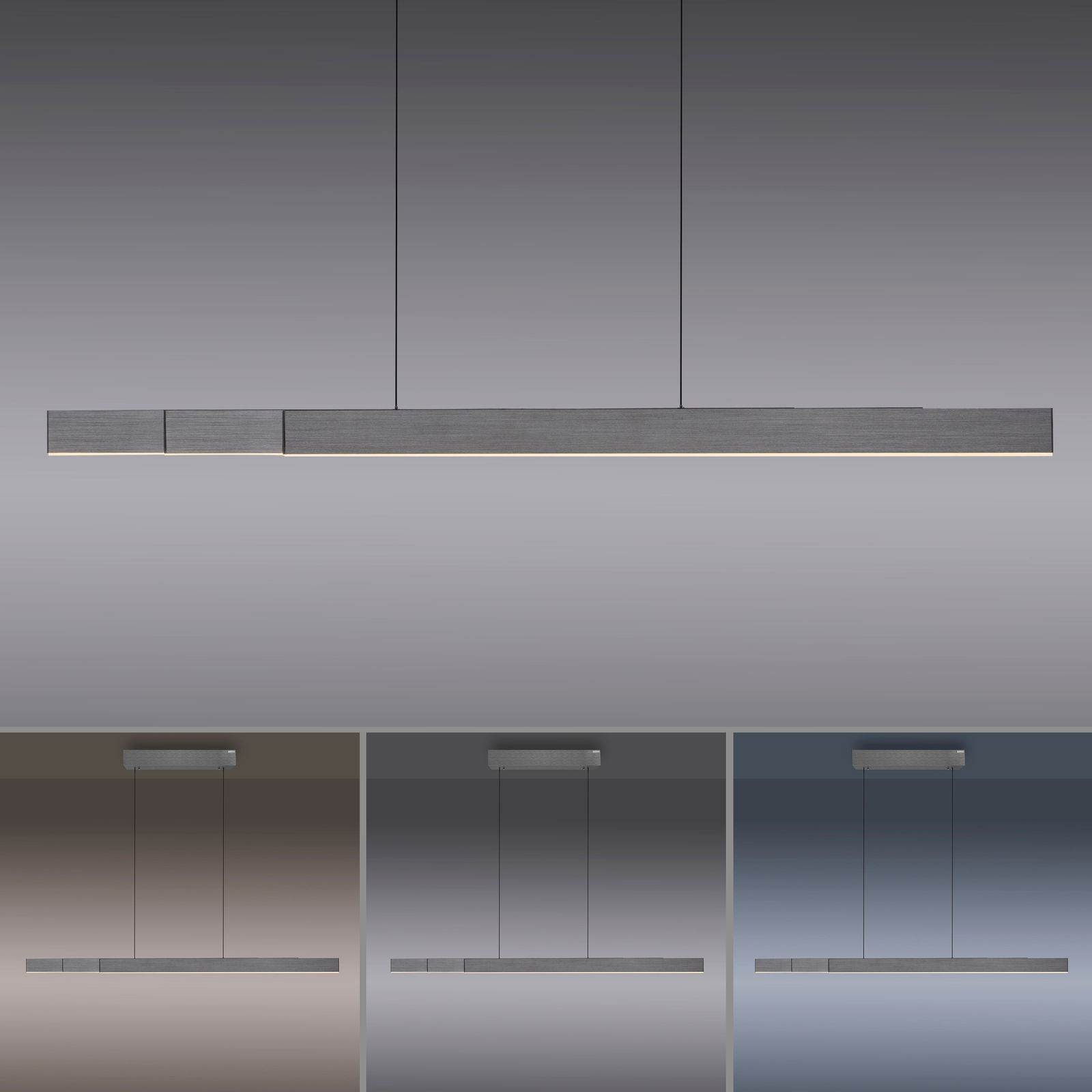 Moderne Pendelleuchte PURE-MOTO-RISE von Paul Neuhaus in seitlicher und frontaler Ansicht, mit schlankem, rechteckigem Design und minimalistischer Ästhetik.