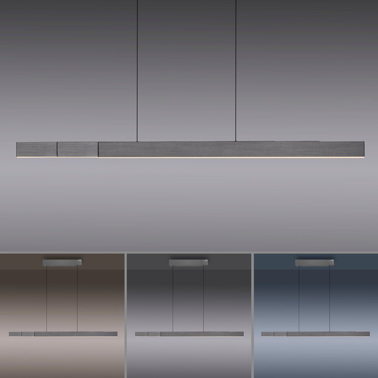 Moderne hanglamp PURE-MOTO-RISE van Paul Neuhaus, gezien van opzij en van voren, met een slank, rechthoekig ontwerp en een minimalistische uitstraling.