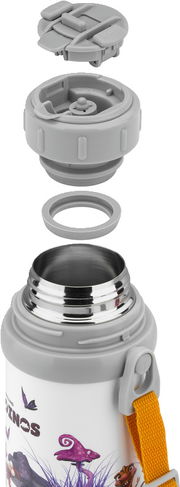 Thermoflasche mit Becher und Dinosaurier-Design, Ansicht von oben mit abgenommenem Deckel und Dichtungsring.