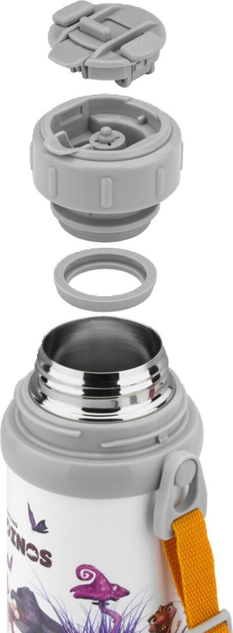 Thermoflasche mit Becher und Dinosaurier-Design, Ansicht von oben mit abgenommenem Deckel und Dichtungsring.
