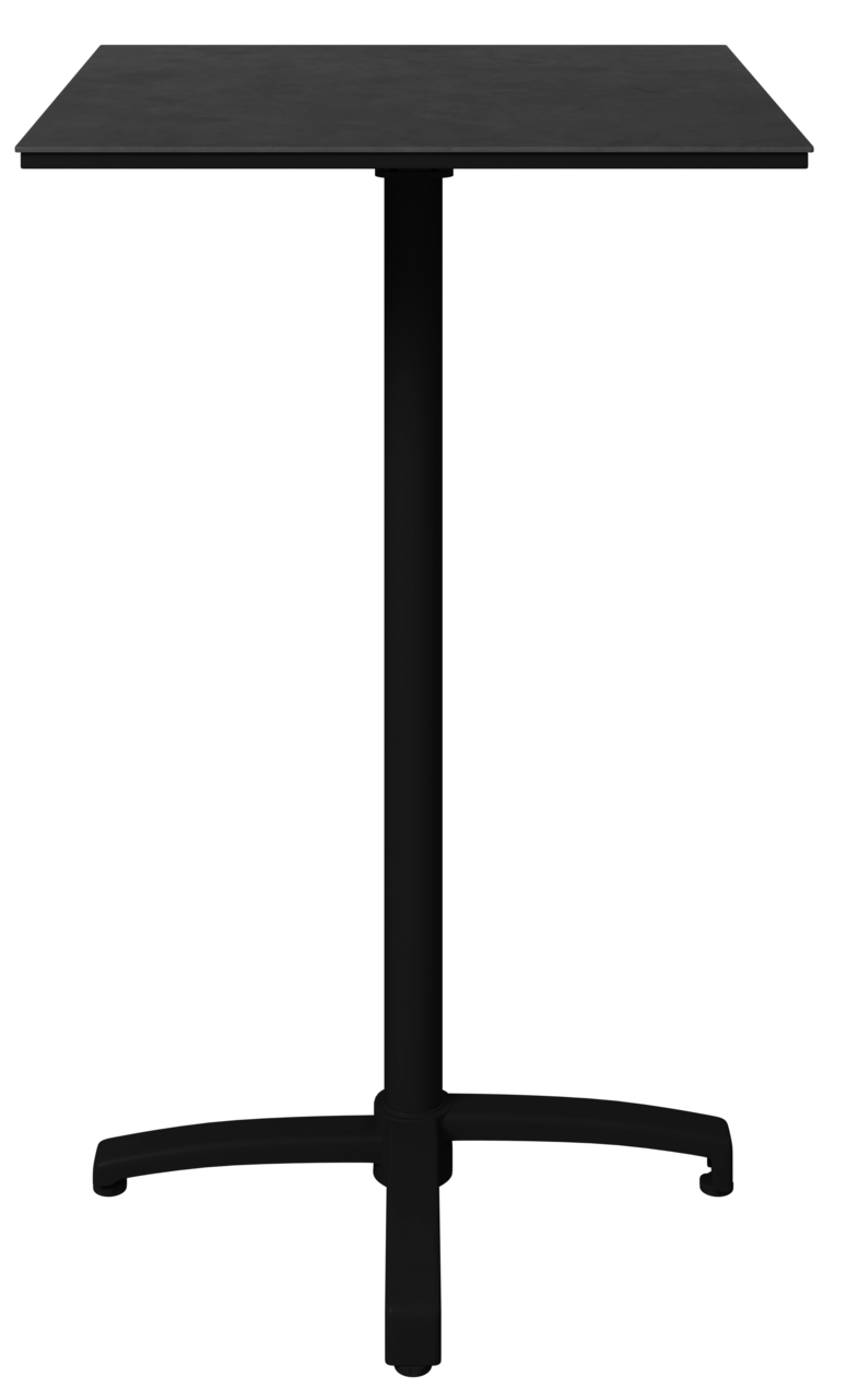 Schwarzer Stehtisch mit quadratischer Tischplatte und stabilem Standfuß, frontal abgebildet.