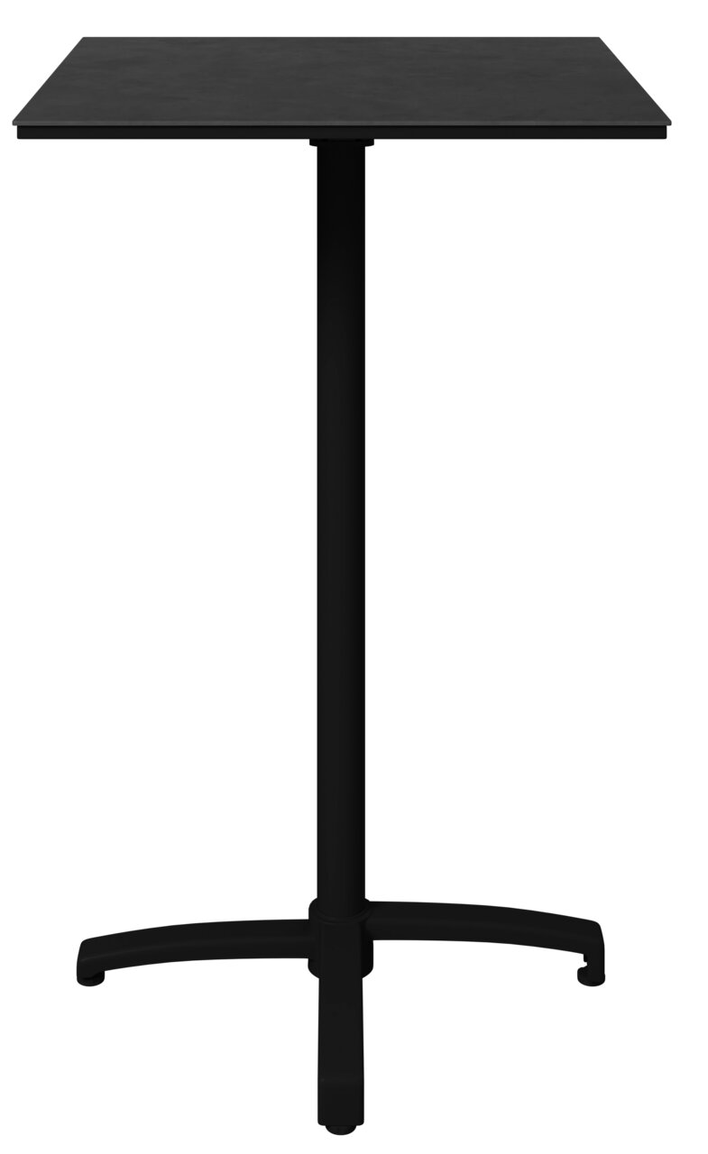 Schwarzer Stehtisch mit quadratischer Tischplatte und stabilem Standfuß, frontal abgebildet.