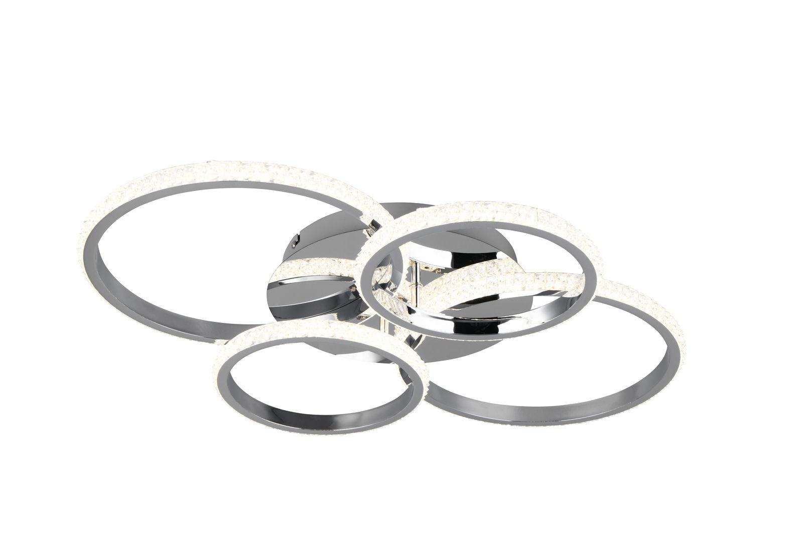 Moderne Deckenleuchte CIRES mit drei ineinander verschlungenen, leuchtenden Ringen aus der Seitenperspektive.