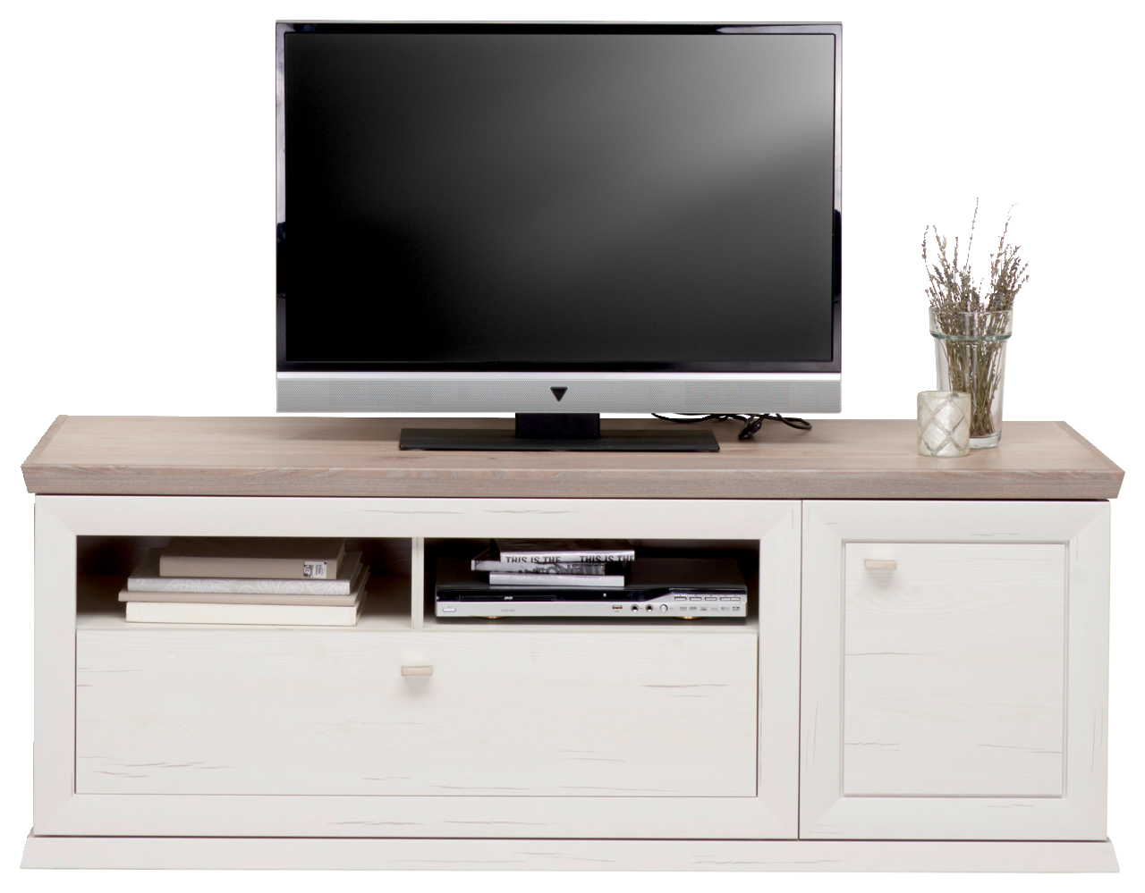 TV-Lowboard CAMRON in frontaler Ansicht mit Fernseher, Dekoration und Stauraum.