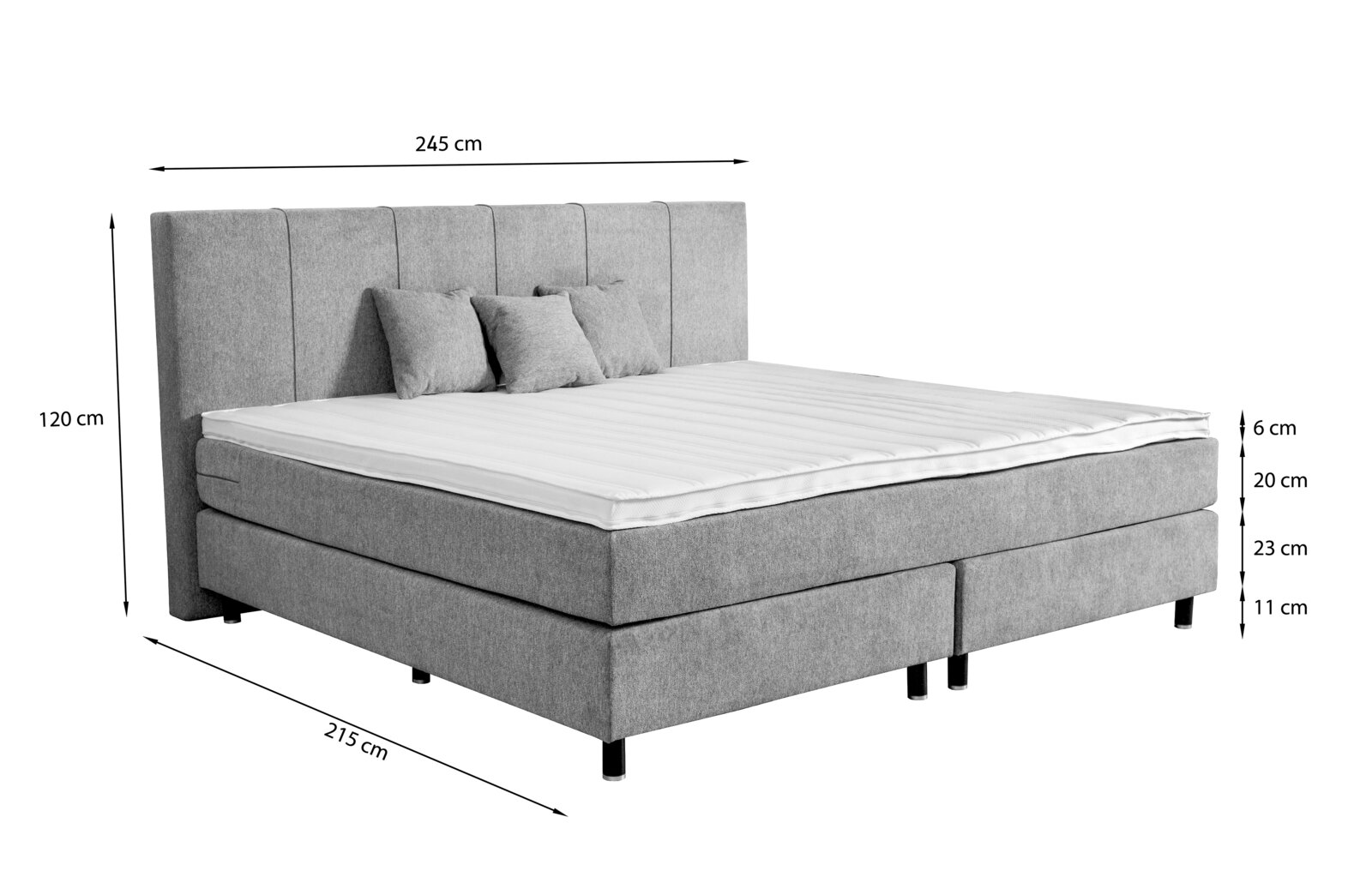 Graues Boxspringbett mit Kopfteil, seitliche Perspektive, Maße: 245 cm Breite, 215 cm Länge, 120 cm Höhe
