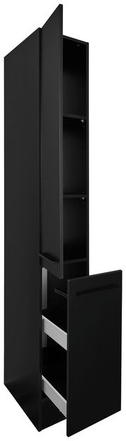 Schwarzer Apothekerschrank mit zwei offenen Türen, seitliche Perspektive