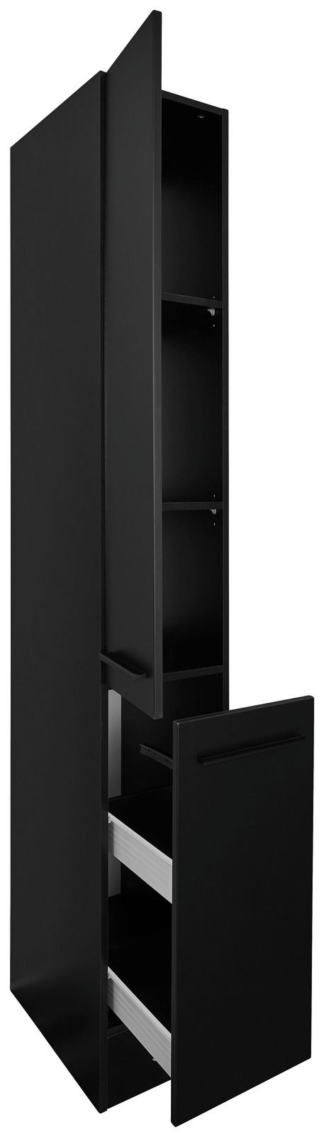 Schwarzer Apothekerschrank mit zwei offenen Türen, seitliche Perspektive