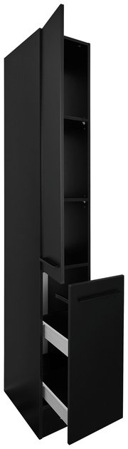 Schwarzer Apothekerschrank mit zwei offenen Türen, seitliche Perspektive