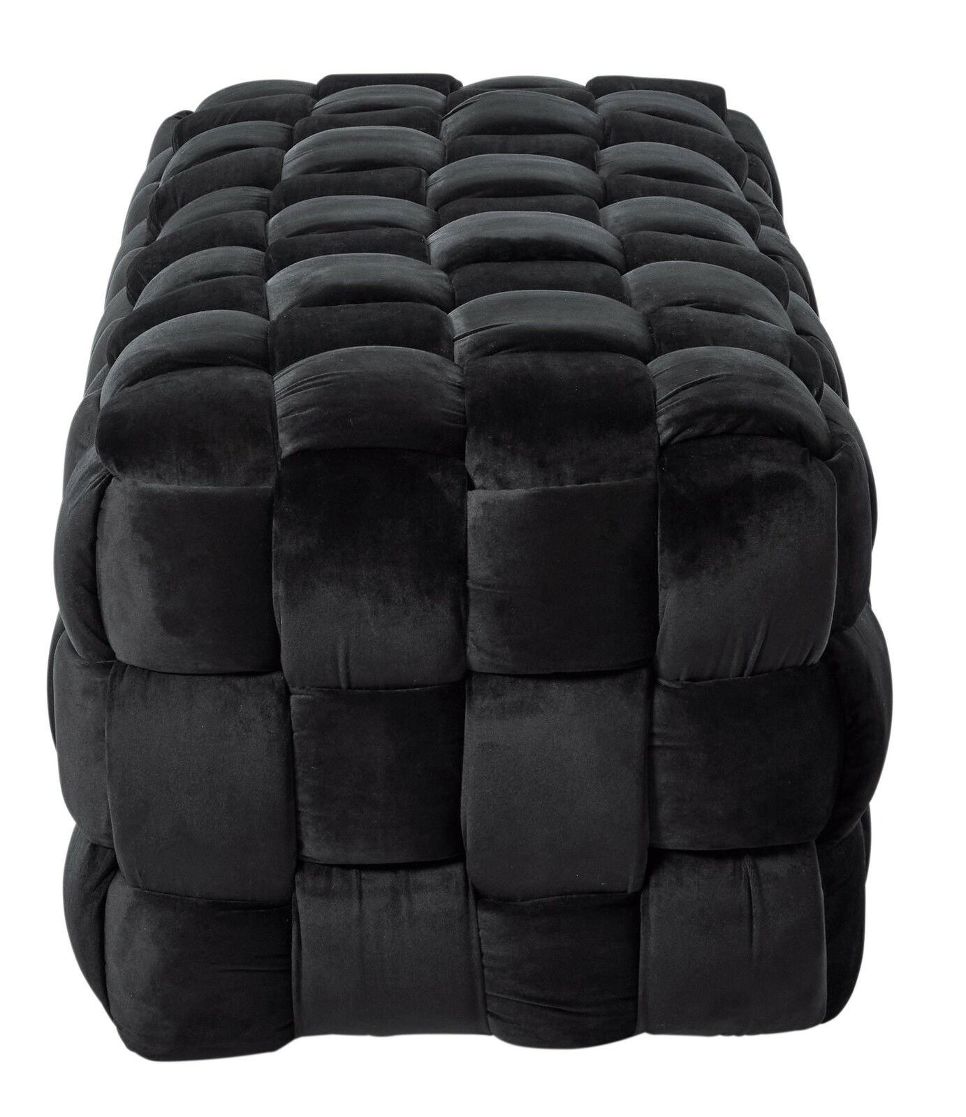 Schwarzer, gepolsterter Hocker mit quadratischem Muster, seitliche Perspektive