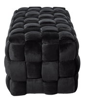 Schwarzer, gepolsterter Hocker mit quadratischem Muster, seitliche Perspektive